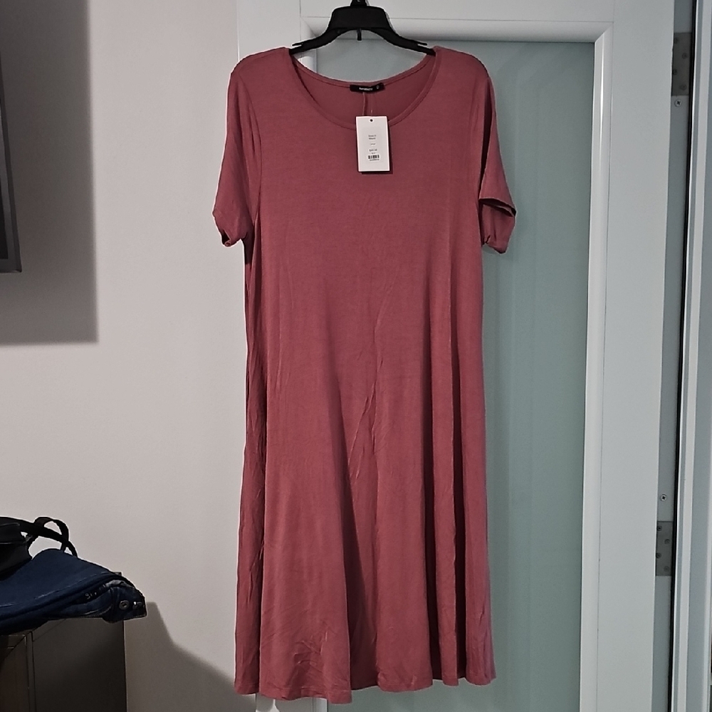 Casual Pink A-Line Midi Dress with Crew Neck
